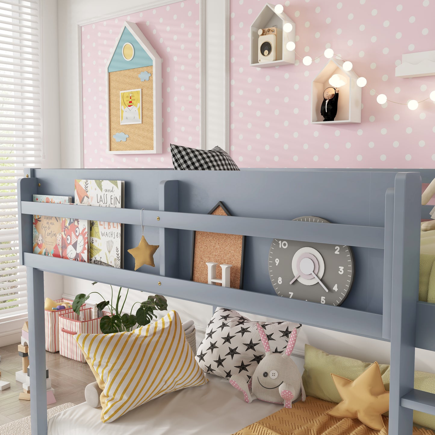 Low Twin Over Twin Bunk Bed, Floor Bunk Bed With Ladder, Solid Wood Twin Bunk Bed For Kids & Juniors, GreyExpect Arrival Date 2025 11 25