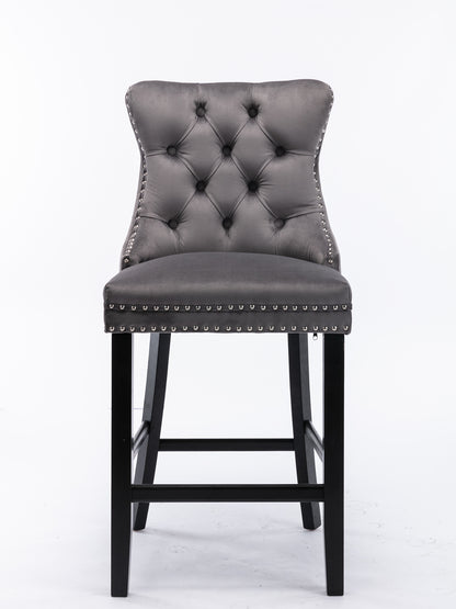 Contemporary Velvet Upholstered Barstools With Button Tufted Decoration And Wooden Legs, And Chrome Nailhead Trim, Leisure Style Bar Chairs,Bar Stools, Set Of 2 Gray,SW1902GY