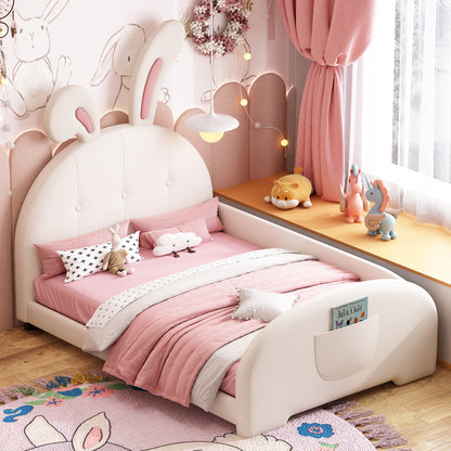 Twin Size Upholstered Rabbit-Shape Princess Bed ,Twin Size Platform Bed With Headboard And Footboard,White