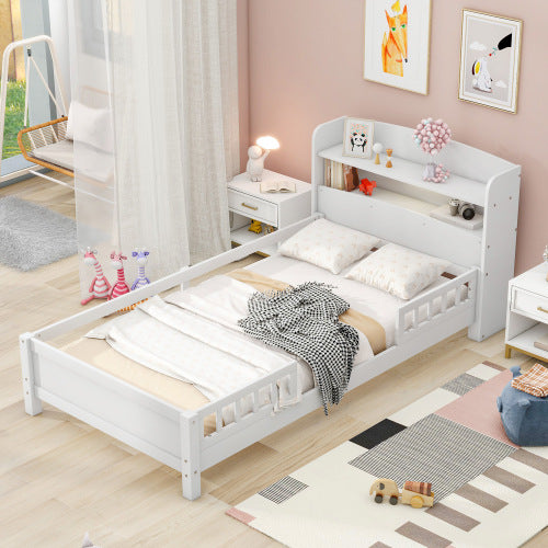 Wood Twin Size Platform Bed With Built-in LED Light, Storage Headboard And Guardrail, White