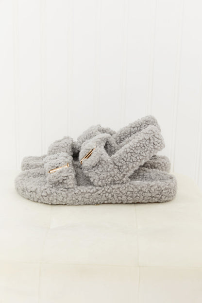 Qupid Cozy Atmosphere Faux Fur Buckled Sandals in Grey