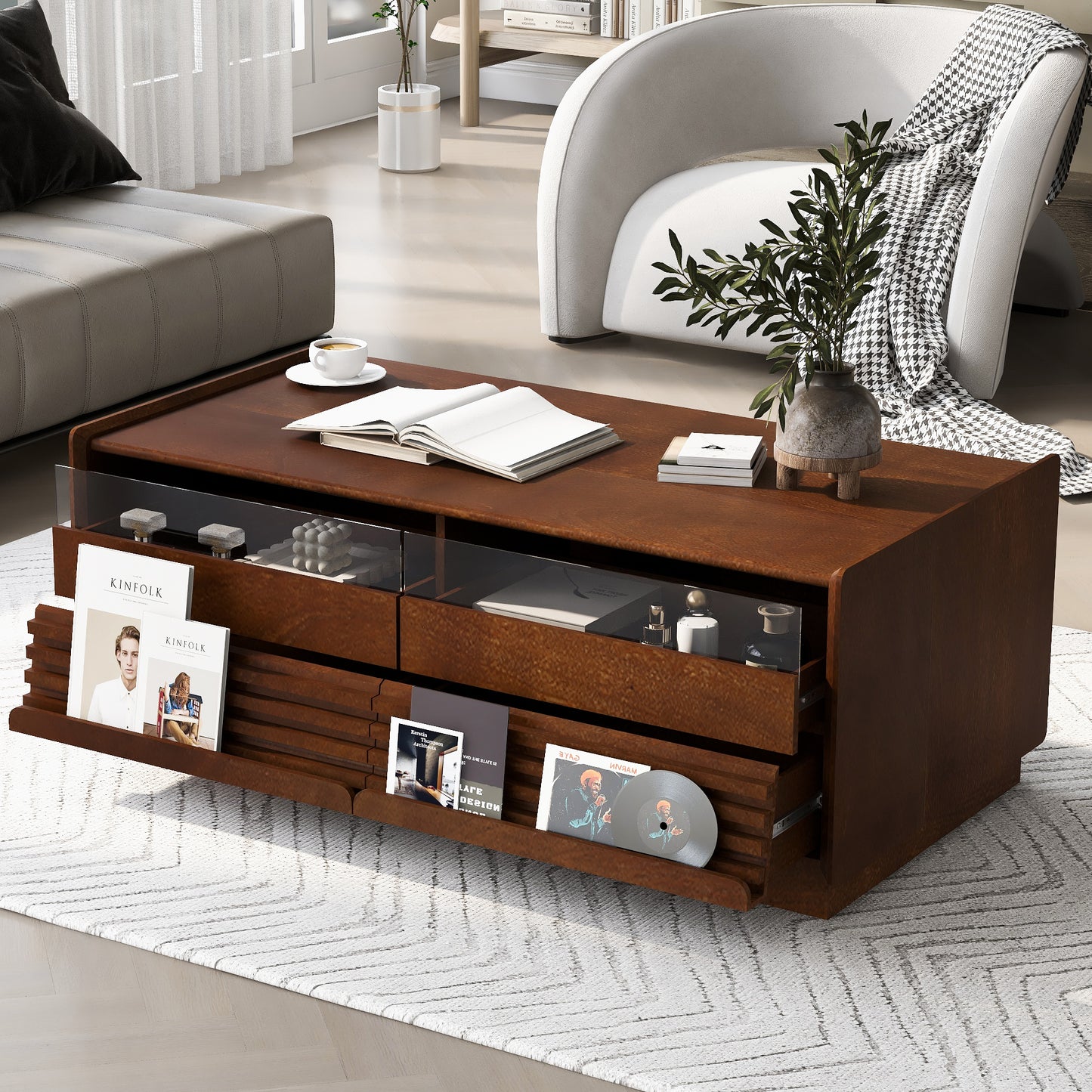 U-Can Modern Rectangle Coffee Table With 4 Drawers And 2 Display Shelves, 47.2  Wood Coffee Table With Fluted Style, Tempered Glass For Living Room