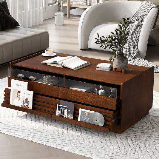 U-Can Modern Rectangle Coffee Table With 4 Drawers And 2 Display Shelves, 47.2  Wood Coffee Table With Fluted Style, Tempered Glass For Living Room
