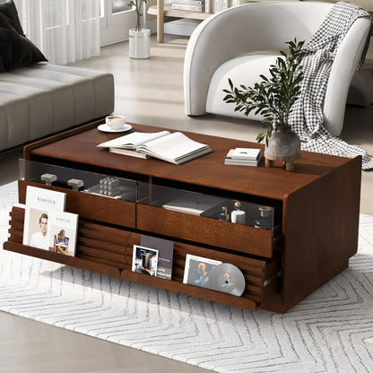 U-Can Modern Rectangle Coffee Table With 4 Drawers And 2 Display Shelves, 47.2  Wood Coffee Table With Fluted Style, Tempered Glass For Living Room