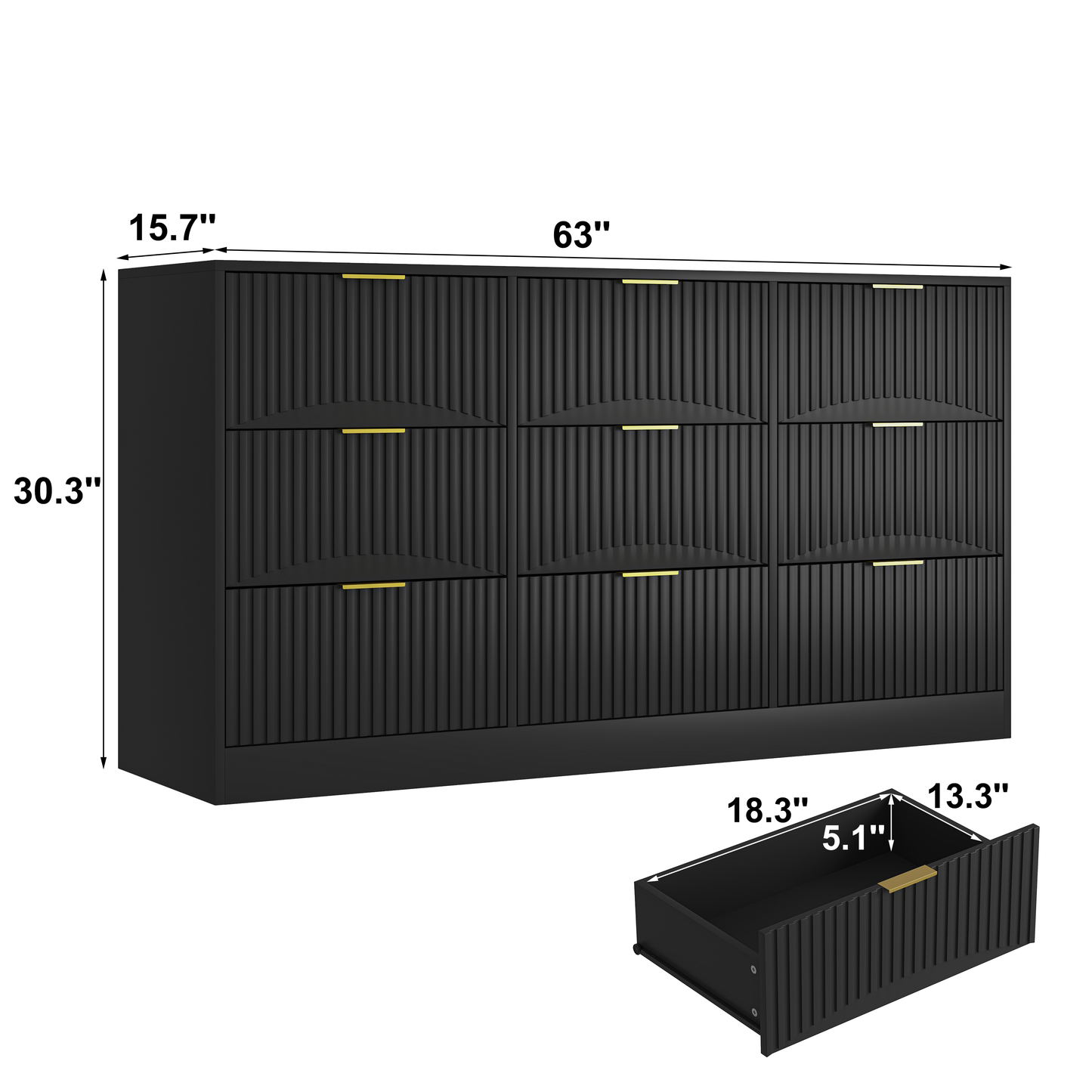 Black 9 Drawer Dresser, 63 Large Deep Chest Of Drawers, Wooden Dresser Storage Cabinet With 9 Drawers For Bedroom, Long Dressers For Living Room, Hallway, Drawer Panel With Wavy Patterns