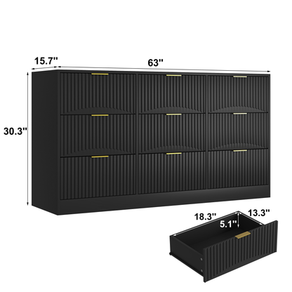 Black 9 Drawer Dresser, 63 Large Deep Chest Of Drawers, Wooden Dresser Storage Cabinet With 9 Drawers For Bedroom, Long Dressers For Living Room, Hallway, Drawer Panel With Wavy Patterns