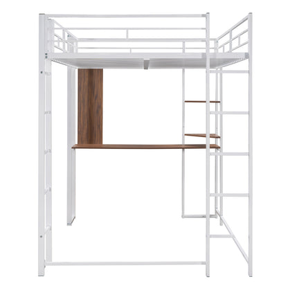 Full Size Metal Loft Bed With Desk, 2 Shelves, White - LP000191AAK