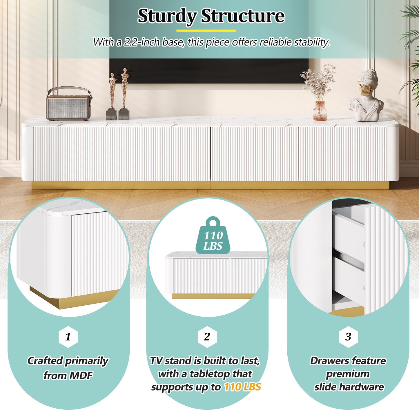ON-TREND Luxury Fluted TV Stand For TVs Up To 85, Faux Marble Tabletop Media Console With 4 Drawers, Curved Profile Design, Modern Entertainment Center With Gold Base For Living Room, White