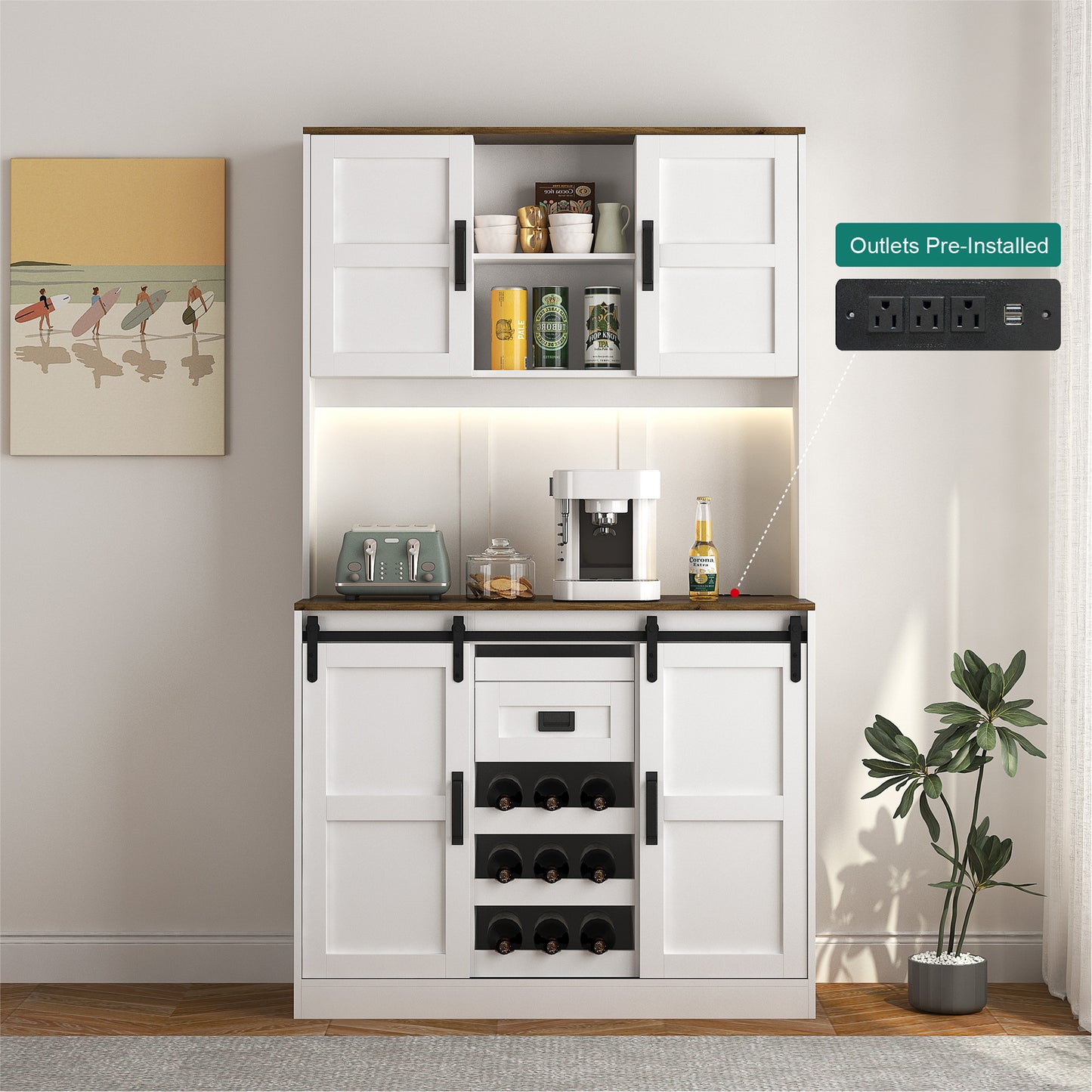 Farmhouse Bar Cabinet With Sliding Barn Door, Large Kitchen BuffetRustic Coffee Bar Sideboard Table,White