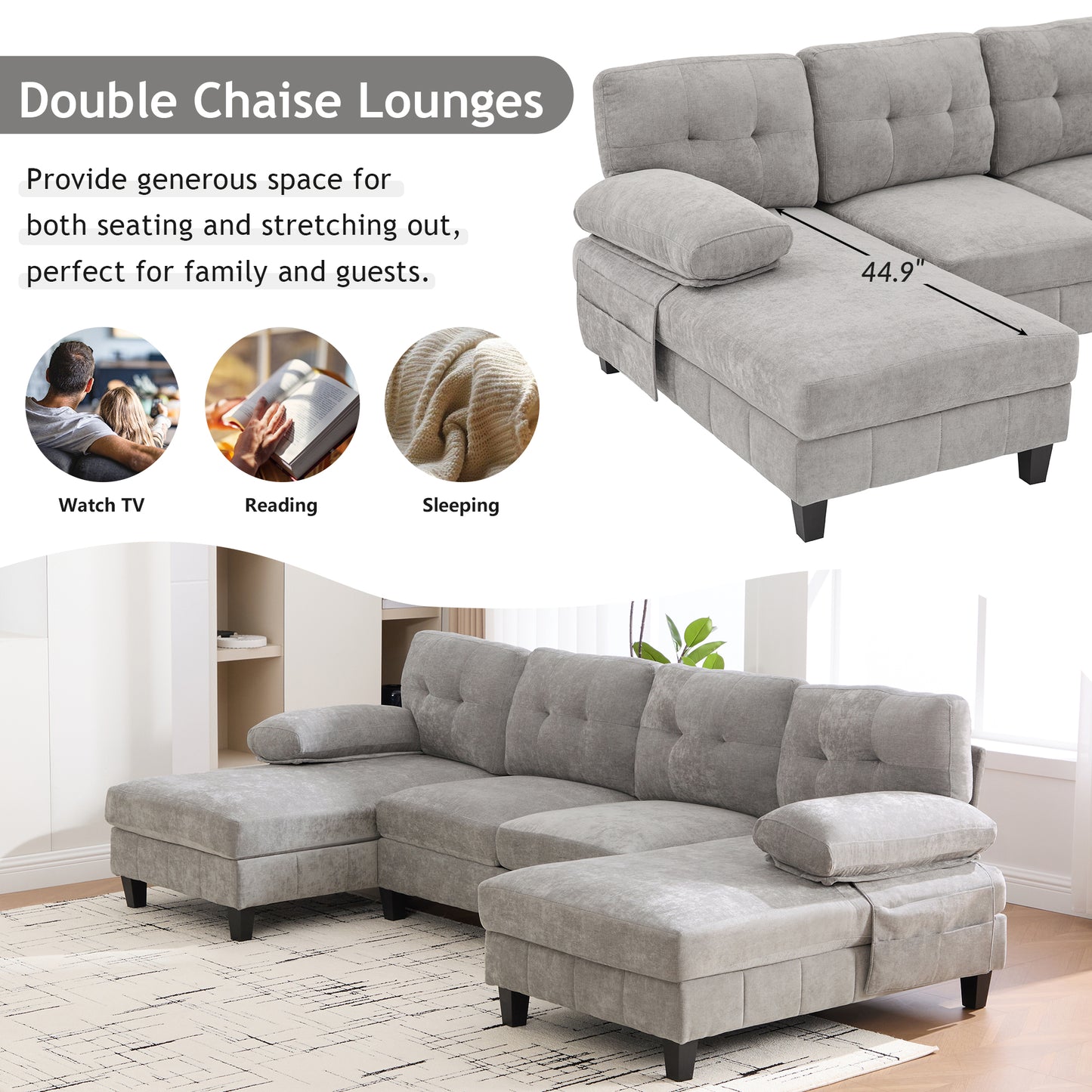 U-shaped Sectional Sofa 103.5 Chenille Fabric Couch With Dual Chaise Lounges, Storage Pockets And Armrest Pillows For Living Room, Grey