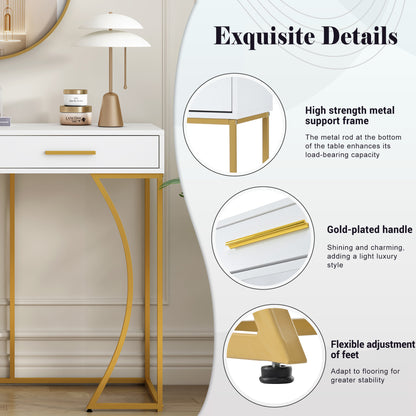 Console Table, Hallway Table With 2 Drawers, Light Luxury Style Side Table, Sofa Table, 110x32x85 Cm, White Gold