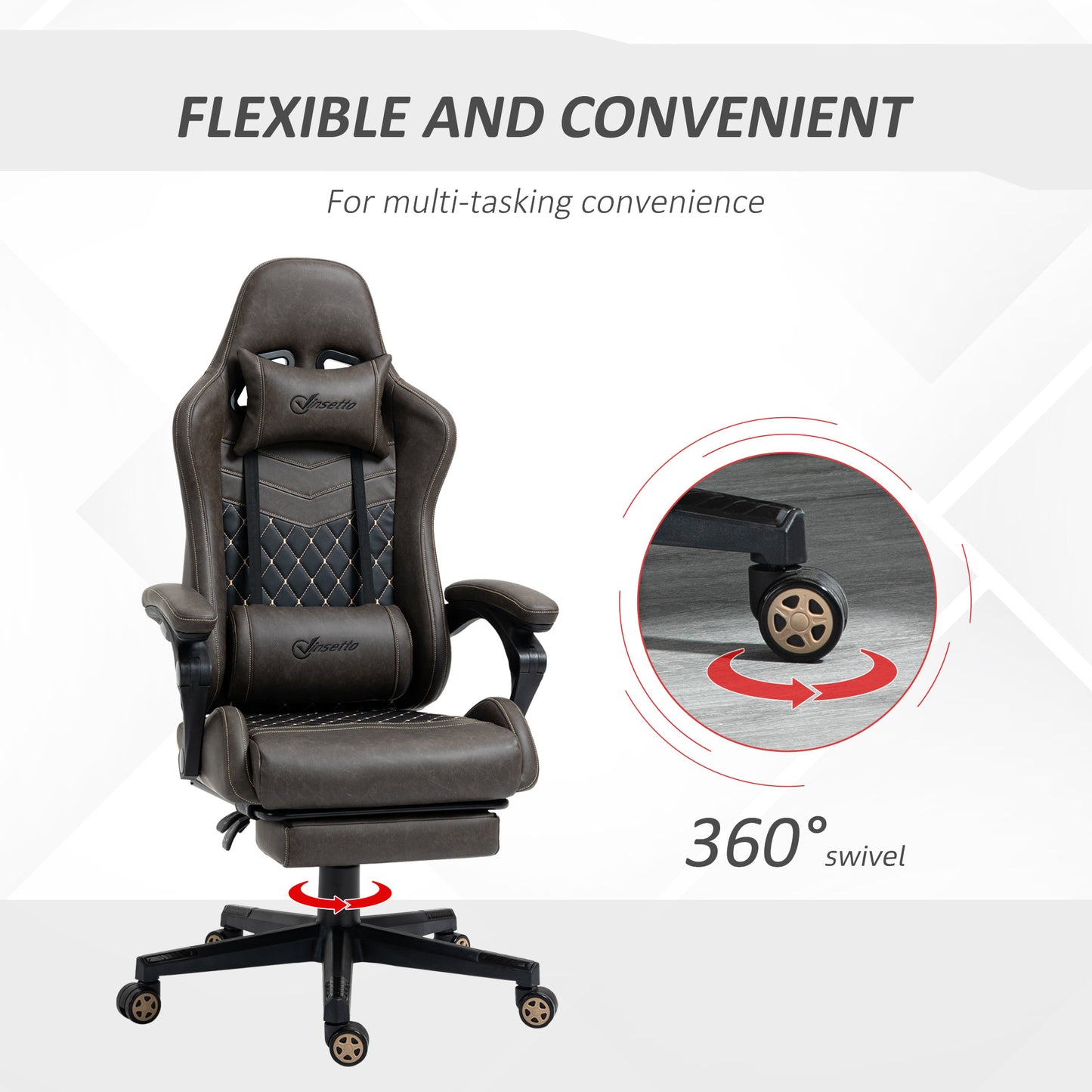 Racing Gaming Chair Diamond PU Leather Office Gamer Chair High Back Swivel Recliner with Footrest, Lumbar Support, Adjustable Height, Brown