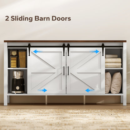 59 Buffet Cabinet, Farmhouse Sideboard With Thick Top, 2 Barn Doors, 4 Drawers And 2 Adjustable Shelves, White