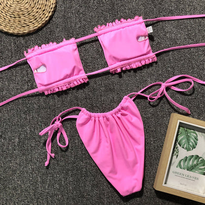 Ruched bikini set with flirty frill trim