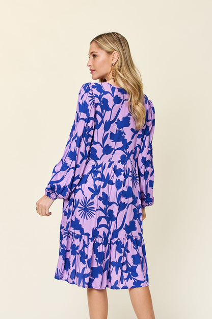 Printed Ruffle Hem Long Sleeve Rayon Dress