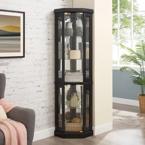 Lighted Corner Curio Cabinet - Display Case For Living Room, Antique Collectibles, Wine & Bar Glass Storage - Elegant Corner Design With Lights Included-BLACK