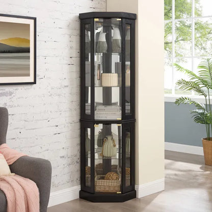 Lighted Corner Curio Cabinet - Display Case For Living Room, Antique Collectibles, Wine & Bar Glass Storage - Elegant Corner Design With Lights Included-BLACK