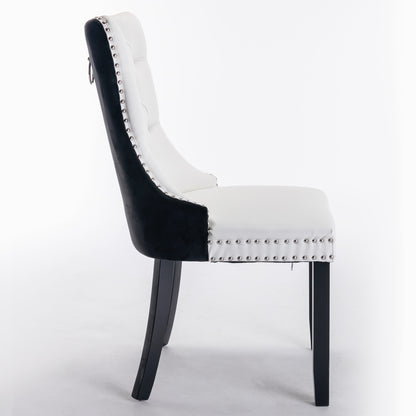 A&A Furniture,Nikki Collection Modern,High-end Tufted Solid Wood Contemporary PU And Velvet Upholstered Dining Chair With Wood Legs Nailhead Trim  2 Pcs Set,White Black