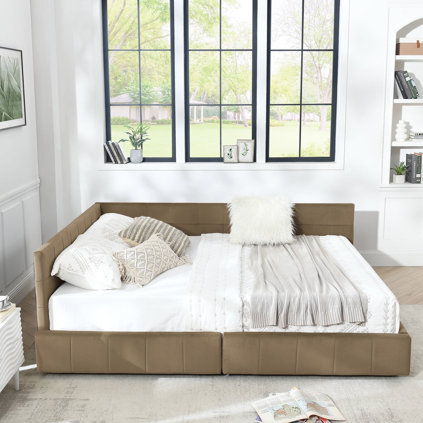Queen Size Storage Upholstered Tufted Bed Frame, Sofa Bed Frame With Comfortable Backrest And Armrests, Queen Size Bed For Bedroom, Living Room,Velvet, BROWN 85.5x64.5x29.5