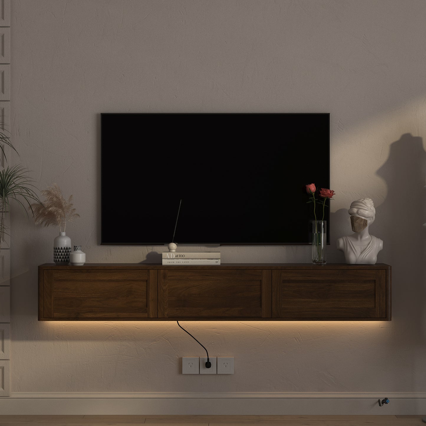 Floating TV Stand, Wall Mounted TV Shelf With Led Lights & Power Outlet,High Gloss TV Cabinet For Wood Tv Stands For Living Room