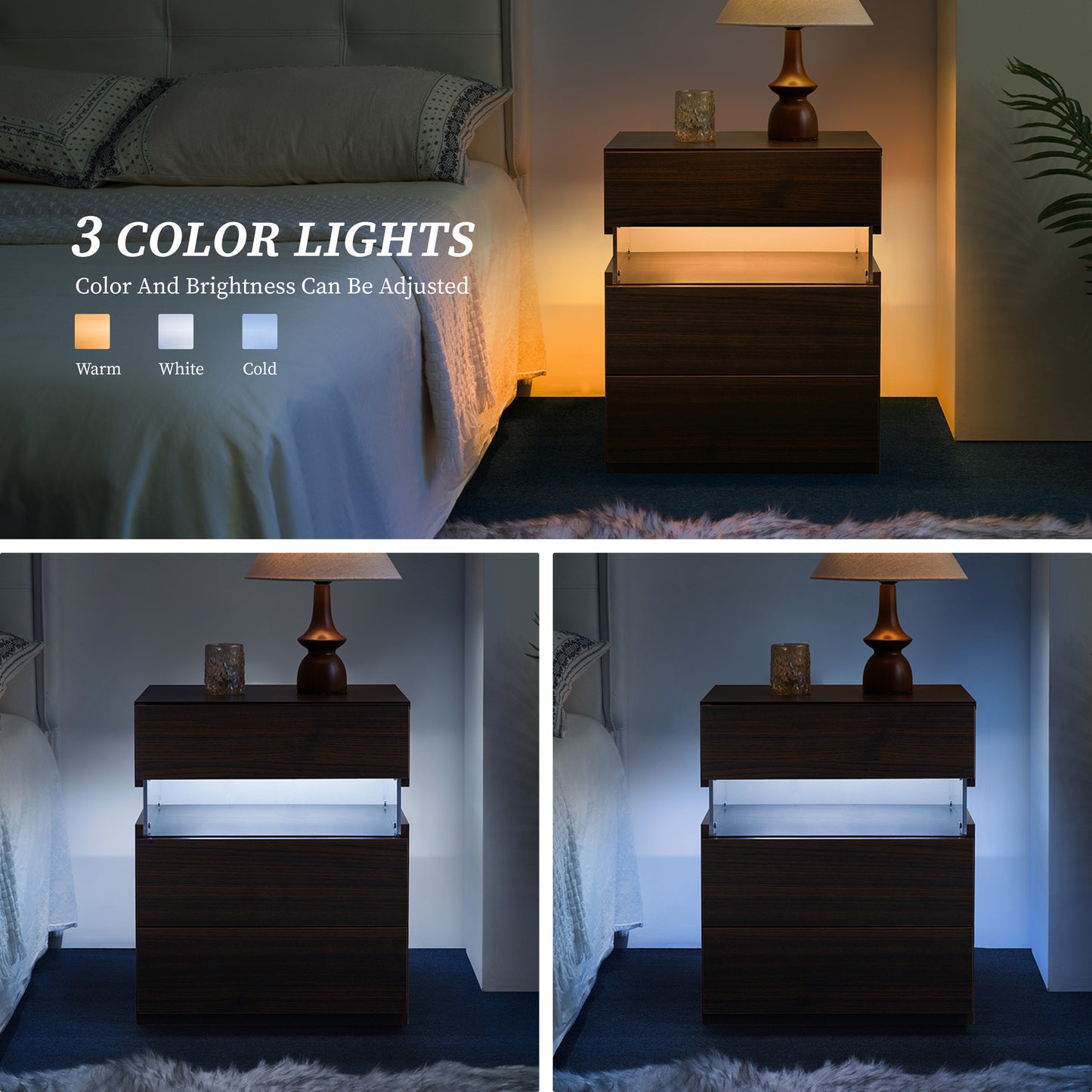 LED Nightstands 3 Drawer Dresser For Bedroom End Table With Acrylic Board LED Bedside Tables Walnut