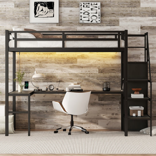 Twin XL Size Loft Bed With L-shaped Desk And USB, Metal Loft Bed With Wardrobe And Adjustable Shelf, High Loft Bed With LED For Kids Teens Adults, Black