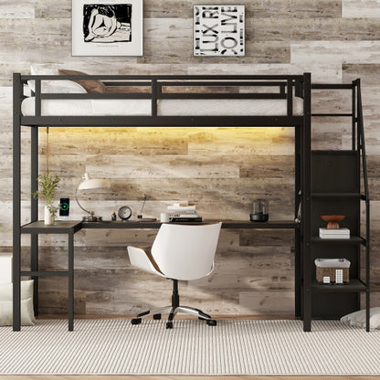 Twin XL Size Loft Bed With L-shaped Desk And USB, Metal Loft Bed With Wardrobe And Adjustable Shelf, High Loft Bed With LED For Kids Teens Adults, Black