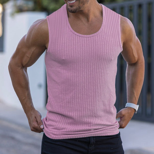 Summer Knitted Vertical Bar Fitness Sports Leisure Fit Tank Top Mens Sleeveless Wide Shoulder Tank Top Mens