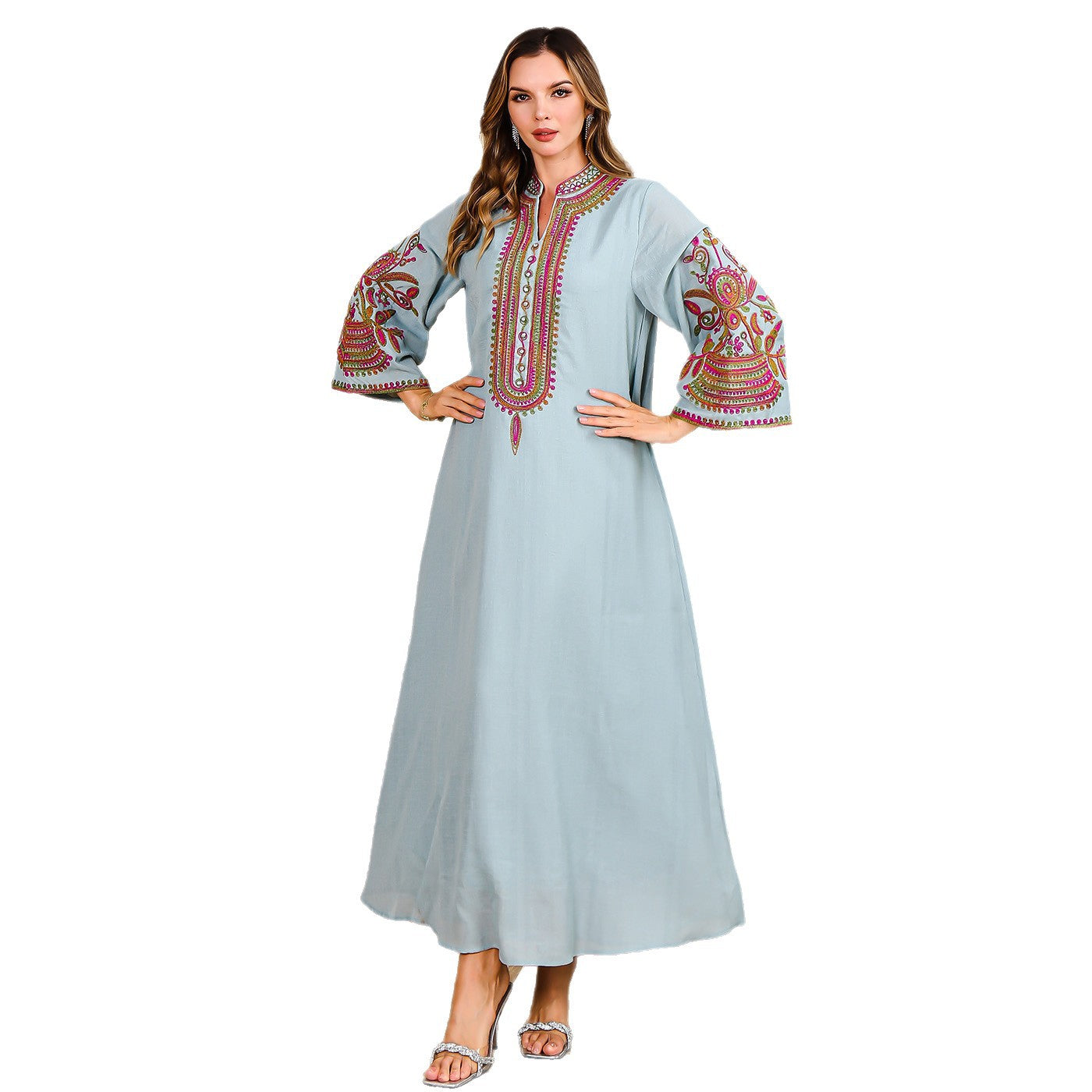 Middle Eastern Muslim Embroidered Long Robe for Women Dubai Turkish Luxury Evening Dress Maxi Dress