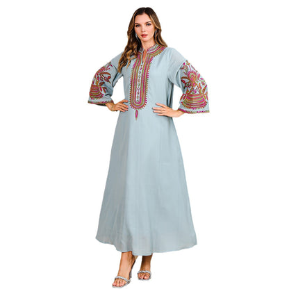 Middle Eastern Muslim Embroidered Long Robe for Women Dubai Turkish Luxury Evening Dress Maxi Dress