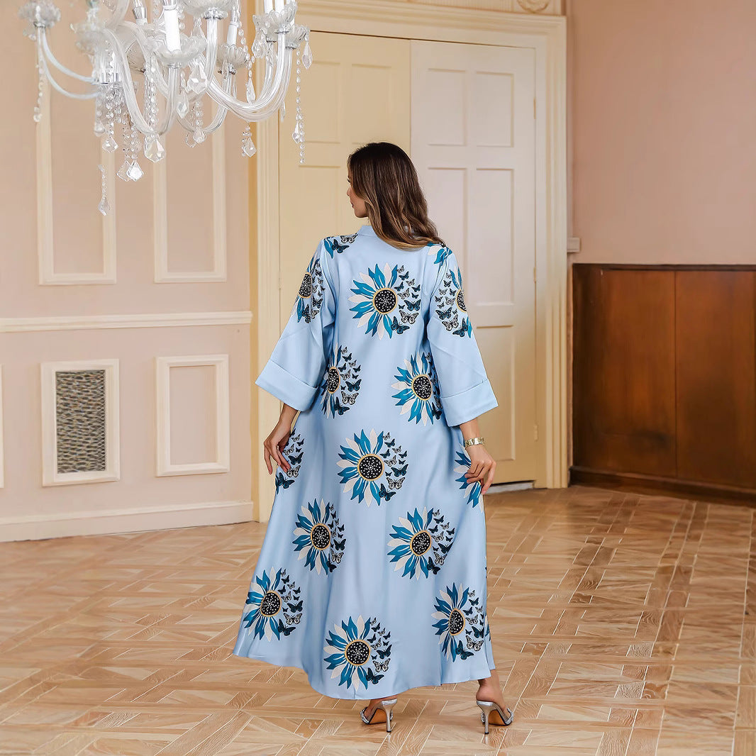 Muslim Printed Long Robe Elegant Middle Eastern Dubai Dress Printed Robe
