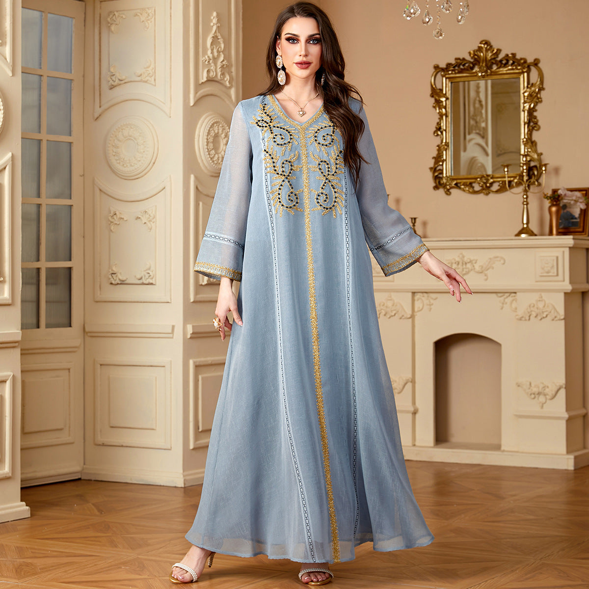 Embroidered Women's Long Dress Dubai Abaya Computer Beaded European and American Style Dress