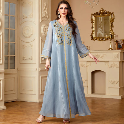 Embroidered Women's Long Dress Dubai Abaya Computer Beaded European and American Style Dress