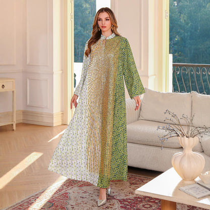 Summer Muslim Spliced Beaded Long Robe Middle Eastern Dubai Abaya Printed Maxi Dress