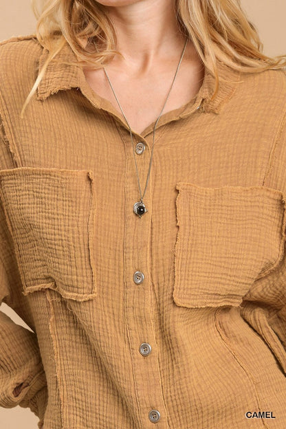 Mineral wash button down top with high low hem