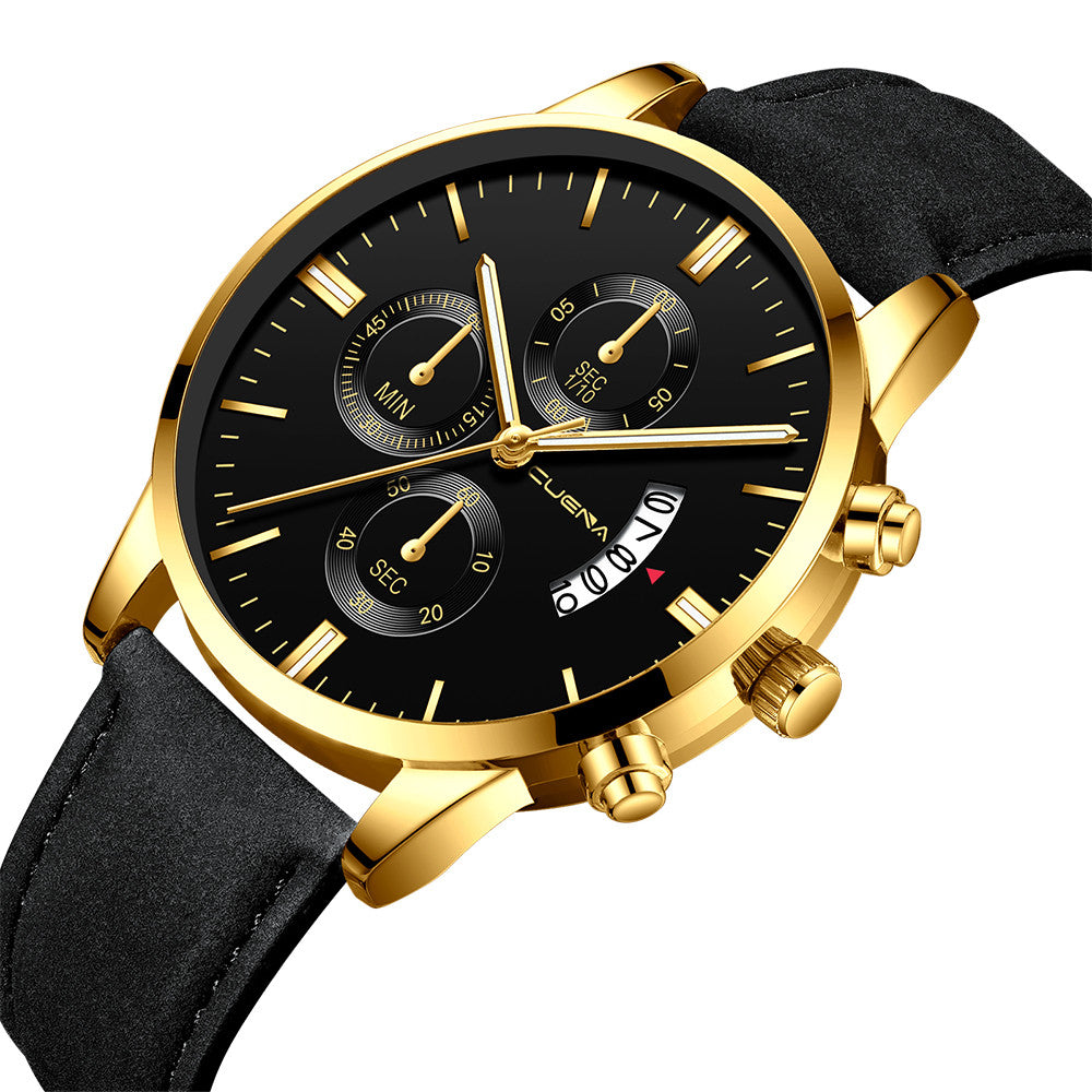 CUENA Fashion Men's Stainless Steel Watch Leather Band Analog Quartz Wrist Watch