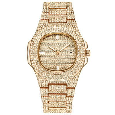 Mens Watches Fashion Luxury Diamond Brand Date Quartz Watch Men Gold Stainless Steel Business Watch Montres de Marque de Luxe