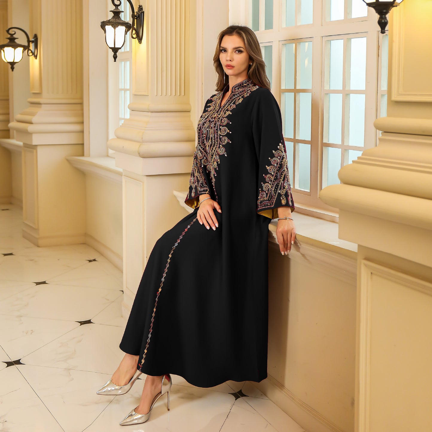 Middle Eastern Muslim Women's Long Robe Dubai Abaya with Cord Embroidery