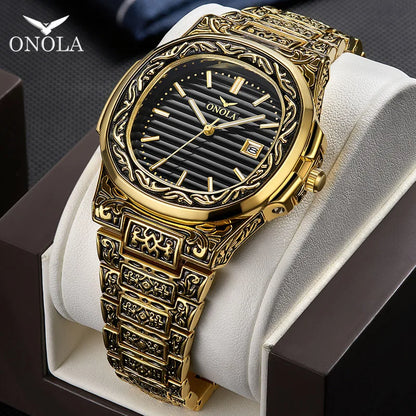 Fashion quartz watch men Brand ONOLA luxury Retro golden stainless steel watch men gold mens watch reloj hombre