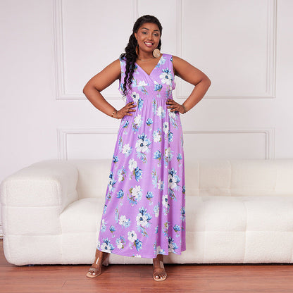 Elastic Waist Dress V Neck Ice Silk Long Dress Elastic Floral Print Swing Dress