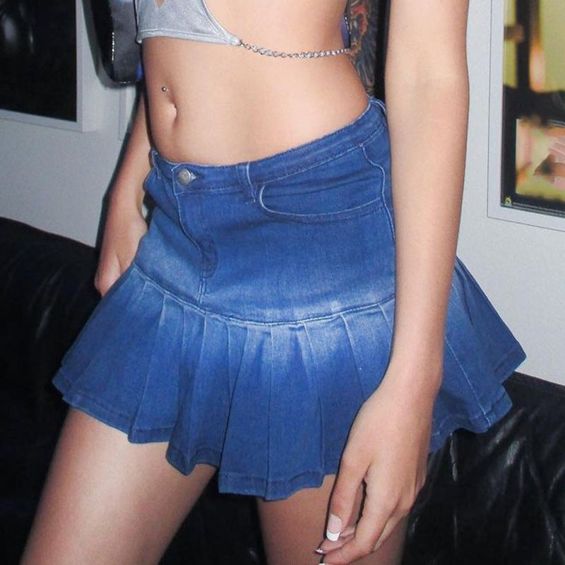 Pleated Cheerleading Stage Performance Denim Skirt