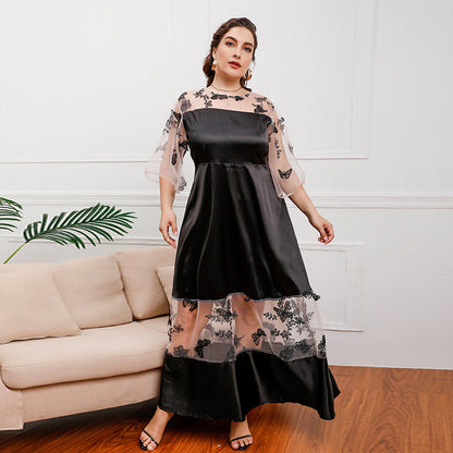 Plus Size French Royal Mesh Stitching Lace Girls Wearable Mid-Length Dress Ogen Mesh Banquet Dress