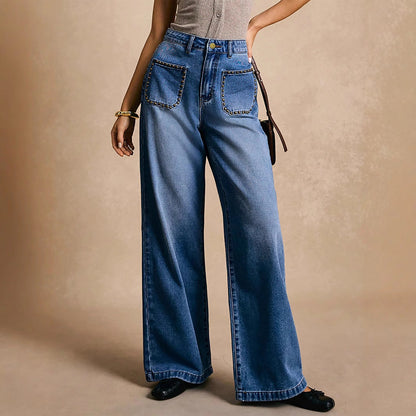 Rivet Inlaid Pocket Wide Foot Mouth Washed Denim Slim Straight Trousers