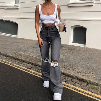 High Waist Retro Stretch Slim Knee Hole Bell Bottom Pants