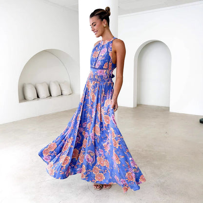 Printed Halter Beach Bohemian High Waist Backless Floral Dress Women Clothing