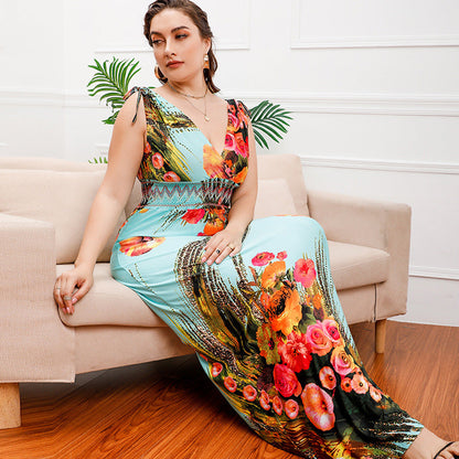 Plus Size Bohemian Ice Silk Printed Midi Dress Seaside Holiday Beach Dress V neck Dress
