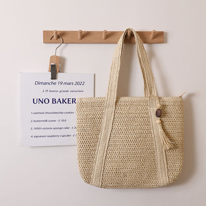 Women Solid Color Woven Bag Large Capacity Shoulder Straw Bag Vacation Beach Bag Women Bag