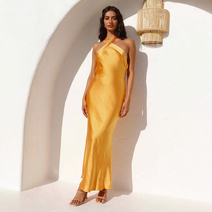 Summer Dress Slimming Solid Color Halterneck with Suspenders Cocktail Satin Dress