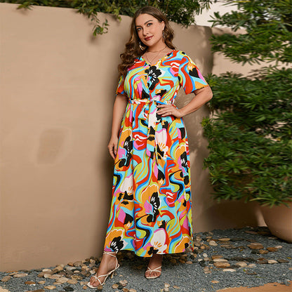 Plus Size Dress Summer Art Painted Floral Elastic Waist Short Sleeve Dress
