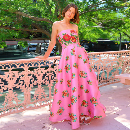 Satin Evening Dress - Strapless High Waist Floral Print Tube Top Dress